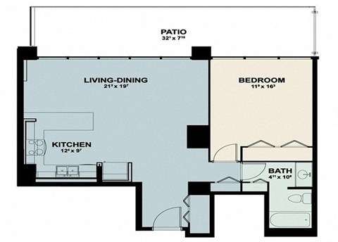 the floor plan of a small room with a bedroom and a living room